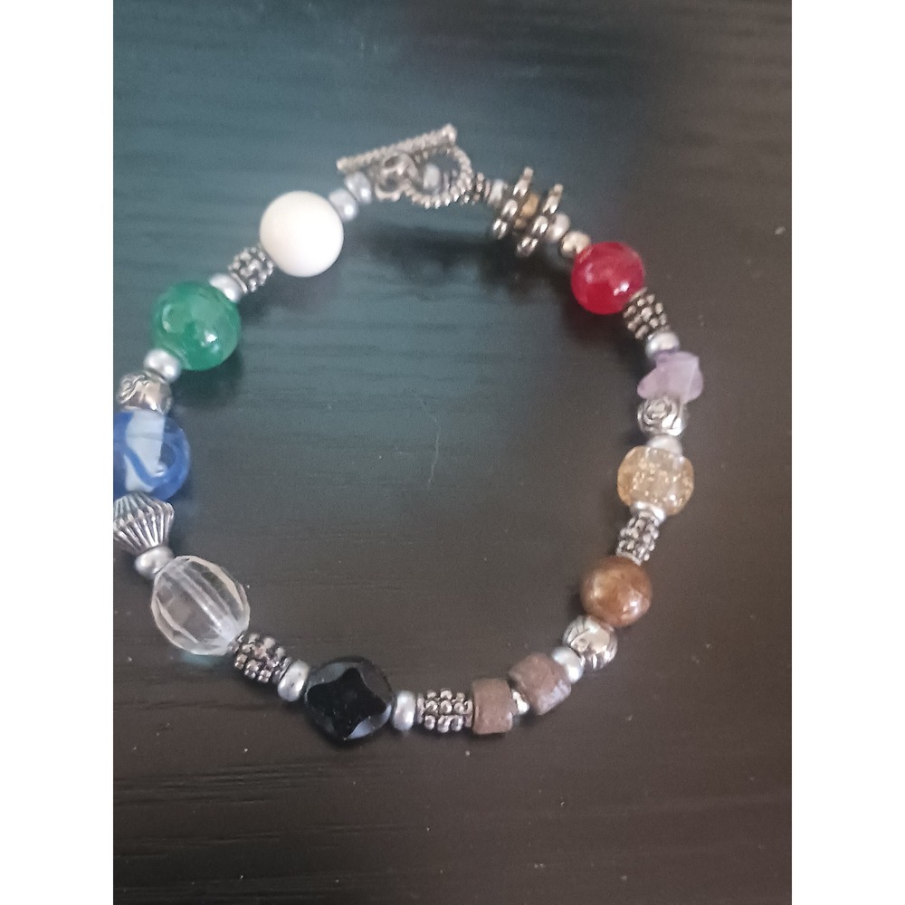 Multi Gemstone Bead Bracelet Silver Tone Toggle Clasp Boho Eclectic Jewelry